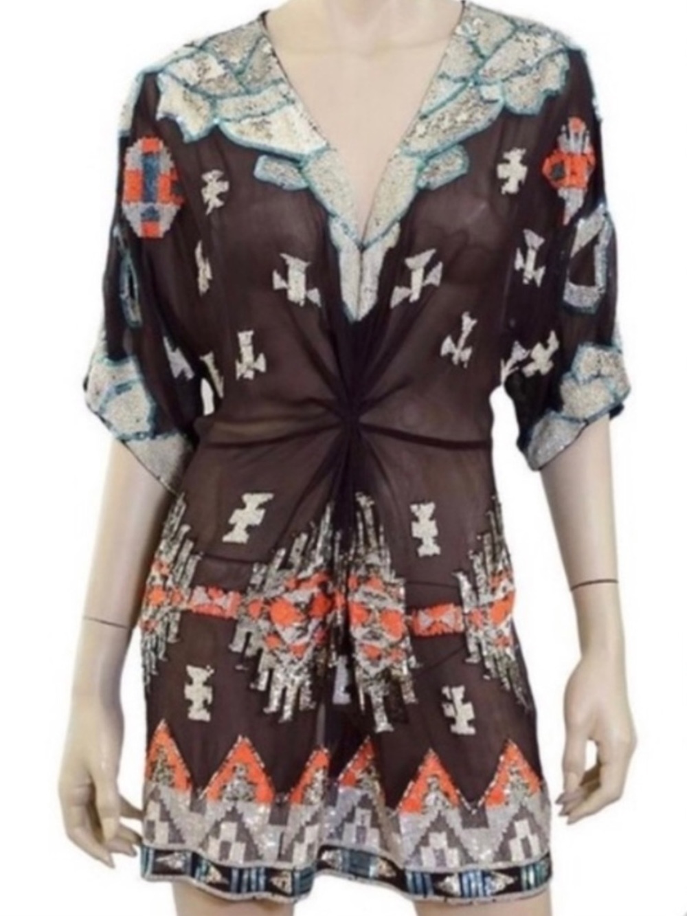All Saints Sheer Aztec Chariot Dress w Coral, Teal, White Sequin UK 10 | US 4